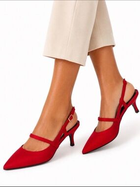 New Day Red Satin Pointed Toe Strappy Slingback Heels Size 8